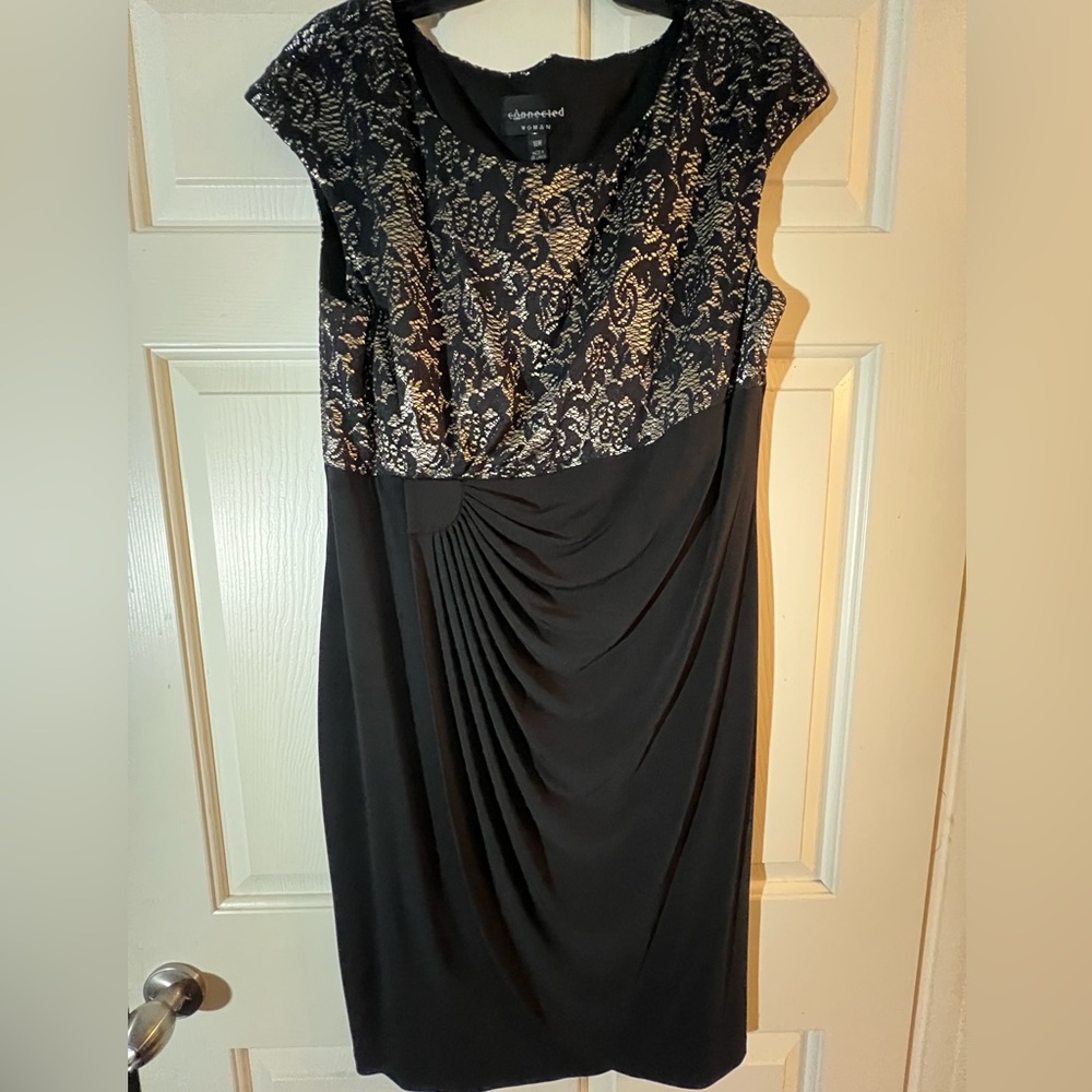 Connected Apparel Black and Gold Lace Midi Dress
